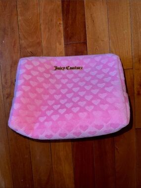 Juicy Couture Pink Plush Heart Makeup Bag with Gold Zip Pull